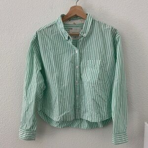 American Eagle Boxy Striped Green White Long Sleeve Button-Up Shirt Size Medium